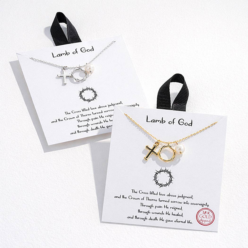 LAMB OF GOD CROSS FRESHWATER PEARL AND CROWN OF THORN CHARMS