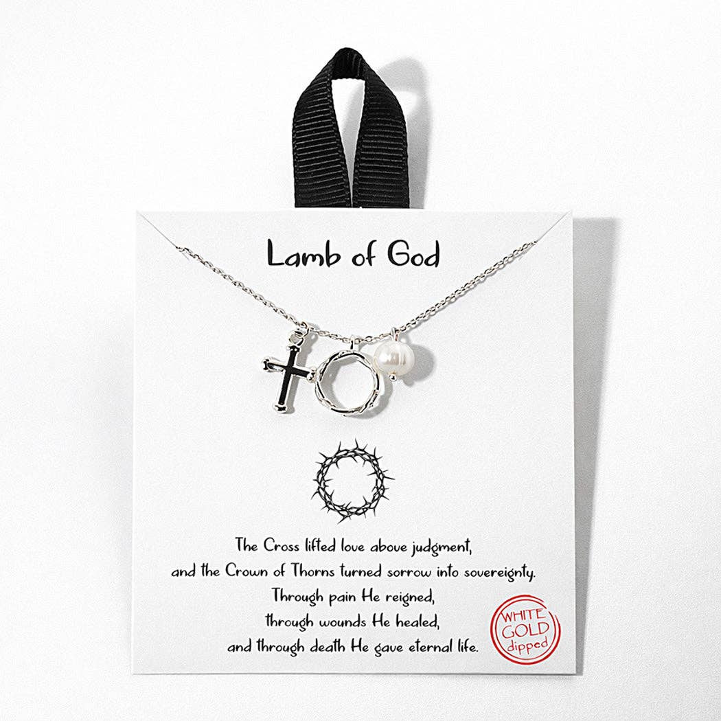 LAMB OF GOD CROSS FRESHWATER PEARL AND CROWN OF THORN CHARMS