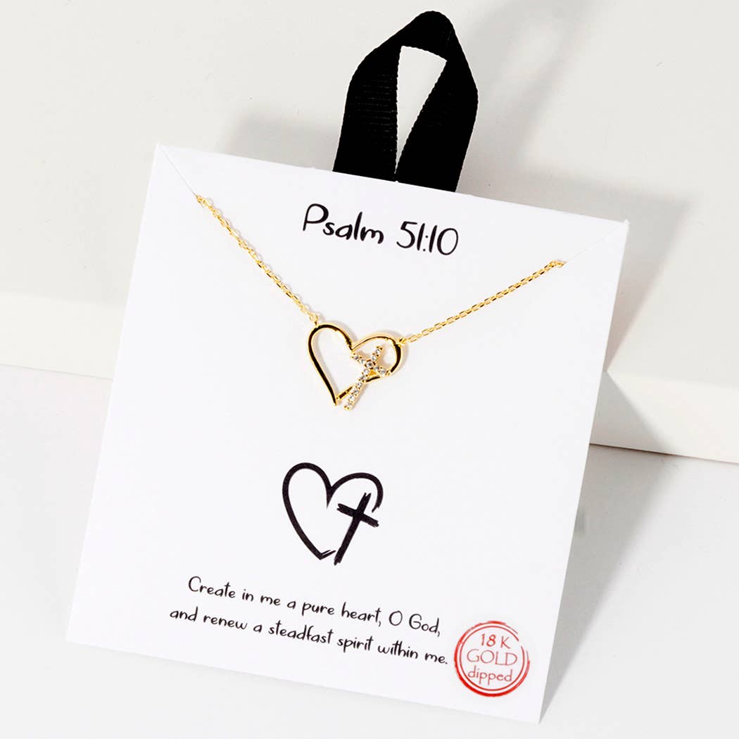 PSALM 51 10 HEART AND CROSS CUBIC ZIRCONI ACCENT NECKLACE