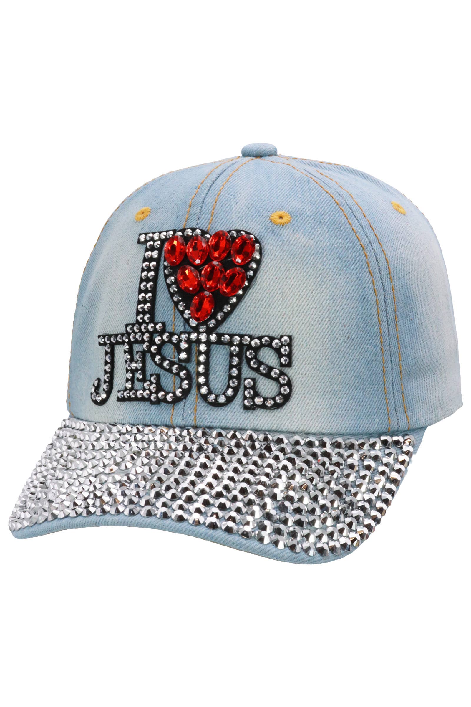 I Love Jesus Bling Rhinestone Denim Cap
