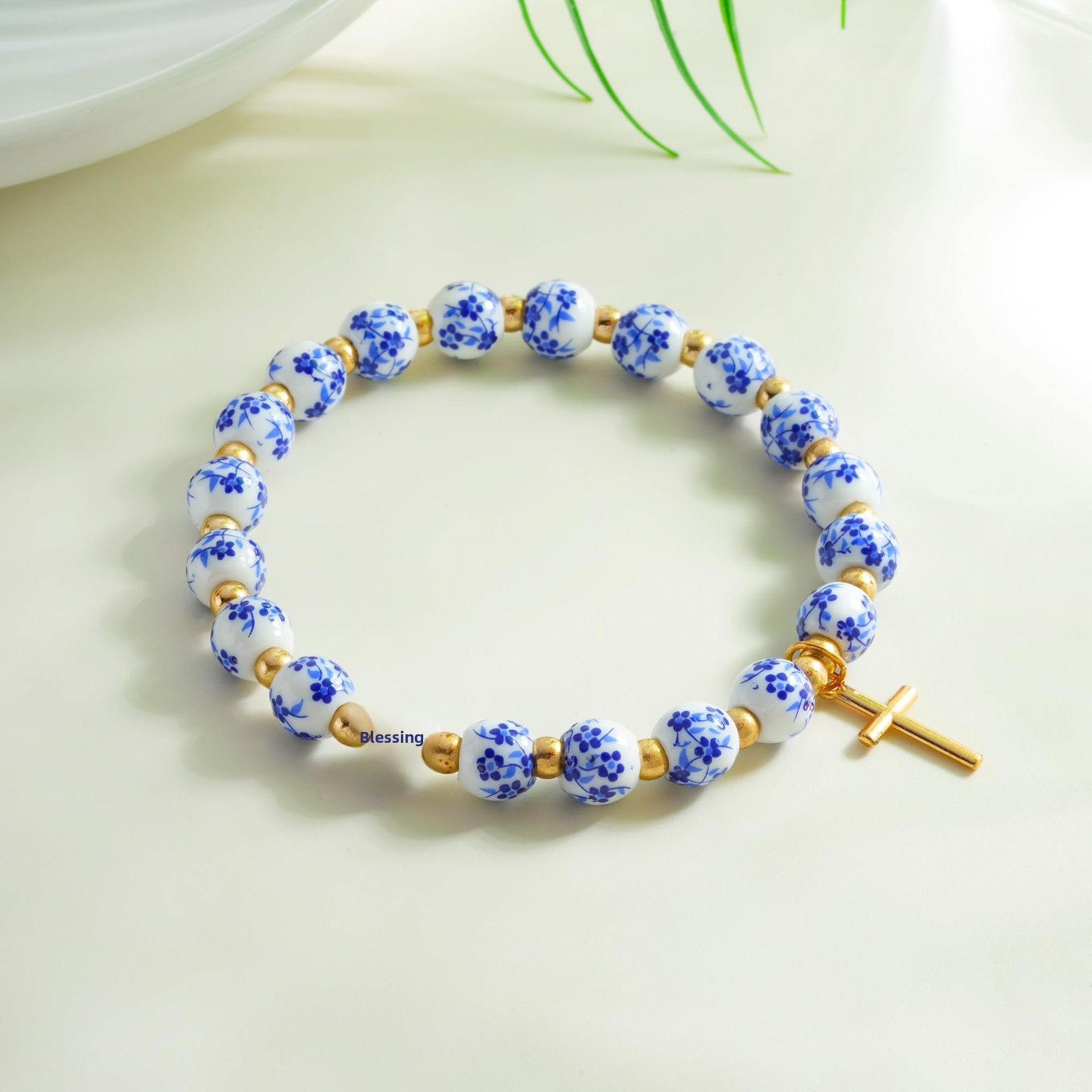 Handmade Simple Style Cross Bracelet For Unisex In Golden Color - Blue floral