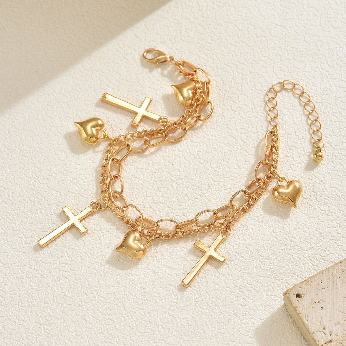 Cross and Heart Bracelet for Women – Electroplated Alloy Faith Jewelry - Gold-rose color
