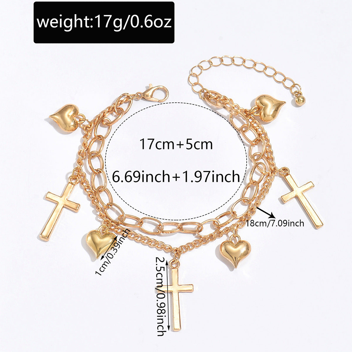 Cross and Heart Bracelet for Women – Electroplated Alloy Faith Jewelry - Gold-rose color