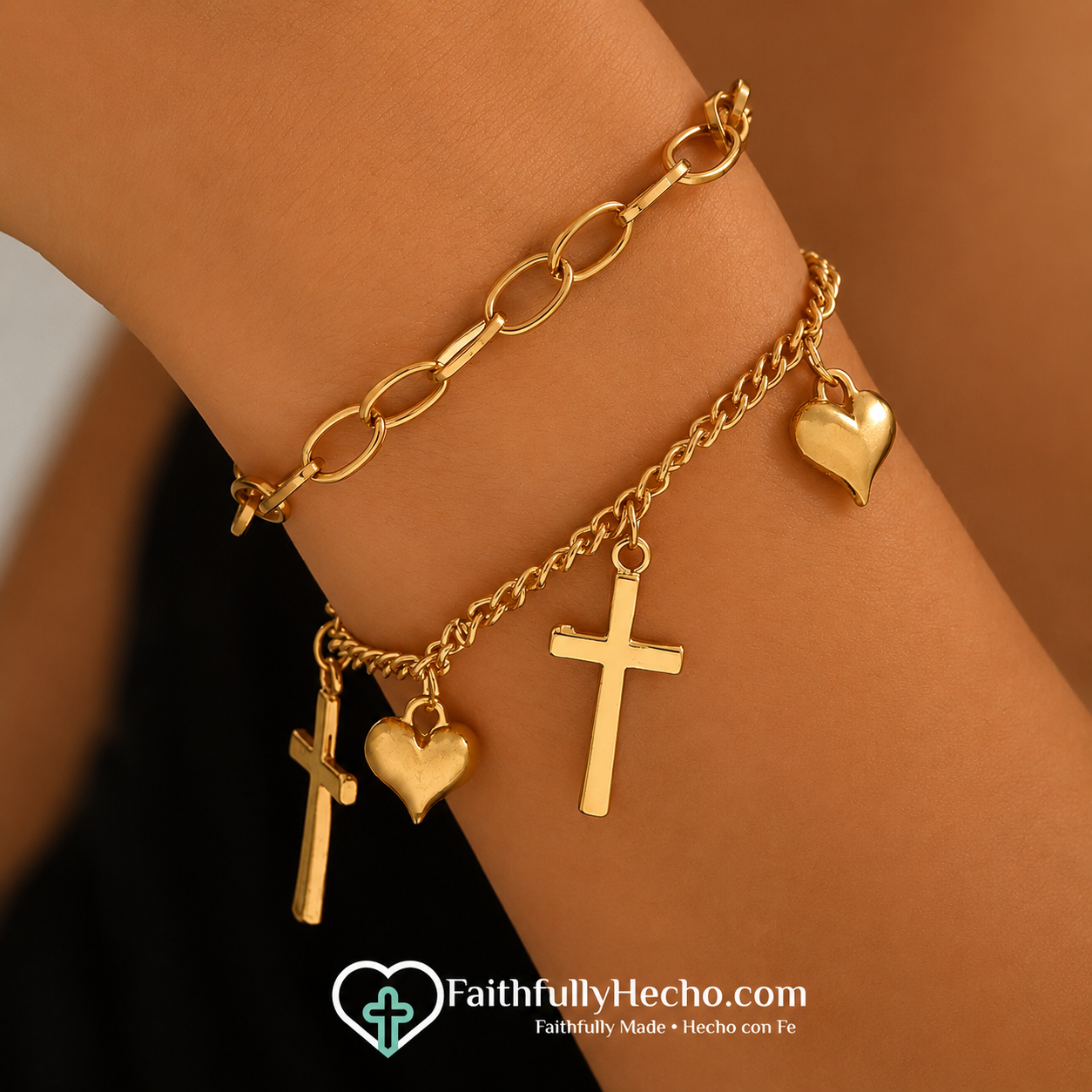 Cross and Heart Bracelet for Women – Electroplated Alloy Faith Jewelry - Gold-rose color