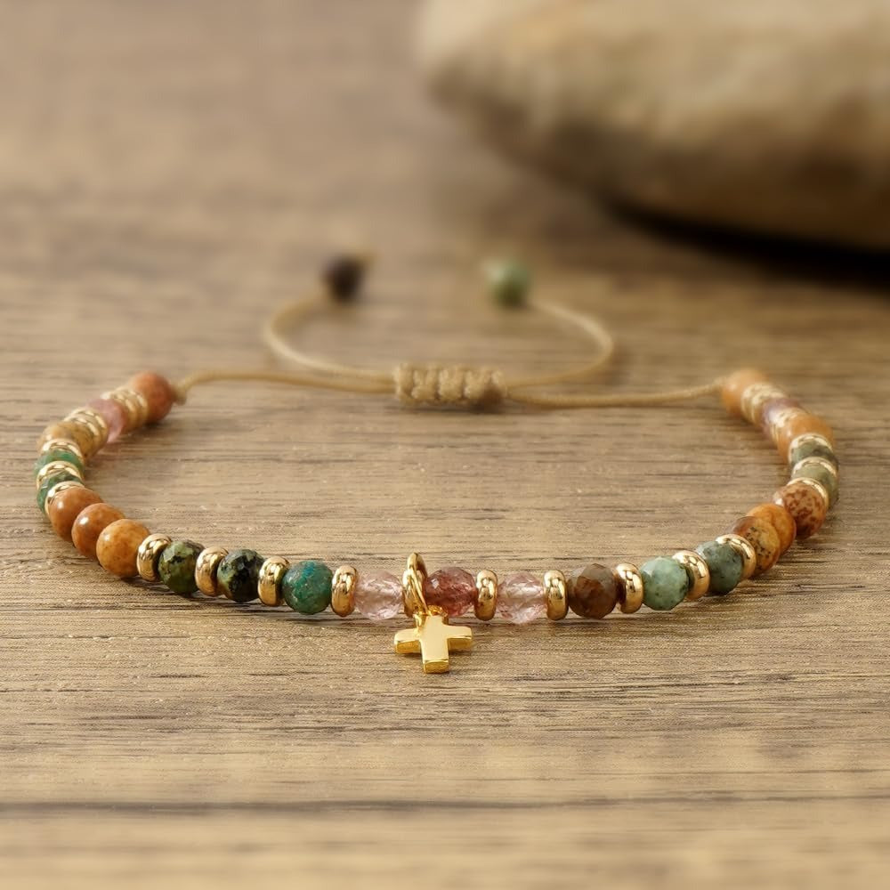 Cross Bracelet Handmade Natural Stone Pendant Women's Geometric  - 14k Gold Cross