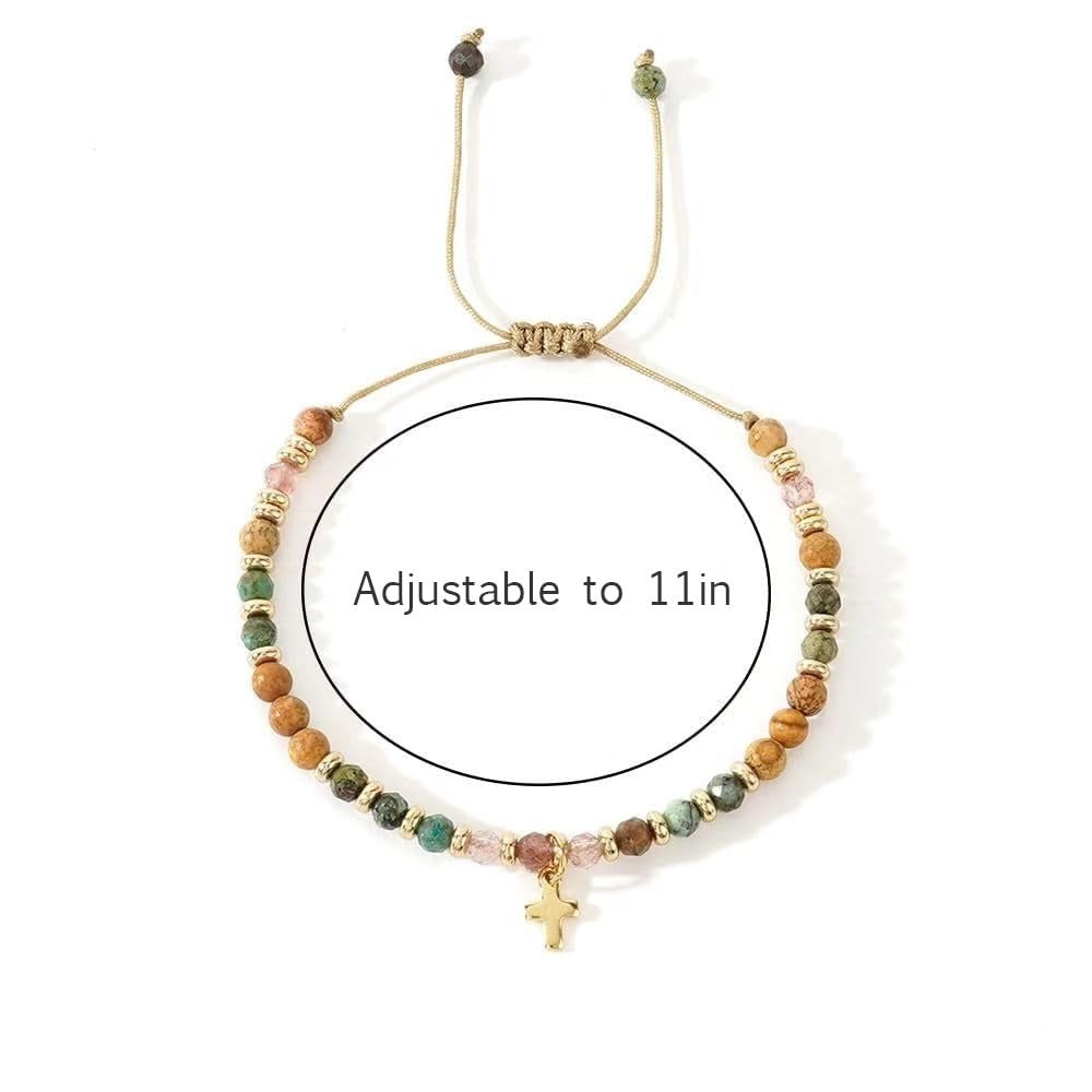 Cross Bracelet Handmade Natural Stone Pendant Women's Geometric  - 14k Gold Cross
