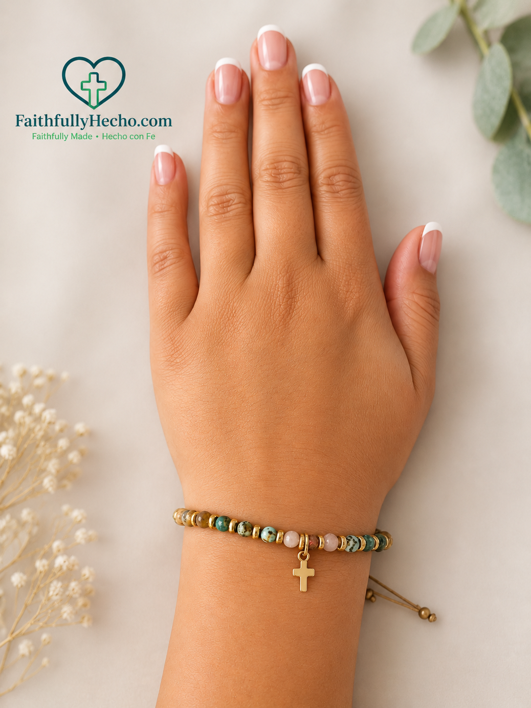 Cross Bracelet Handmade Natural Stone Pendant Women's Geometric  - 14k Gold Cross