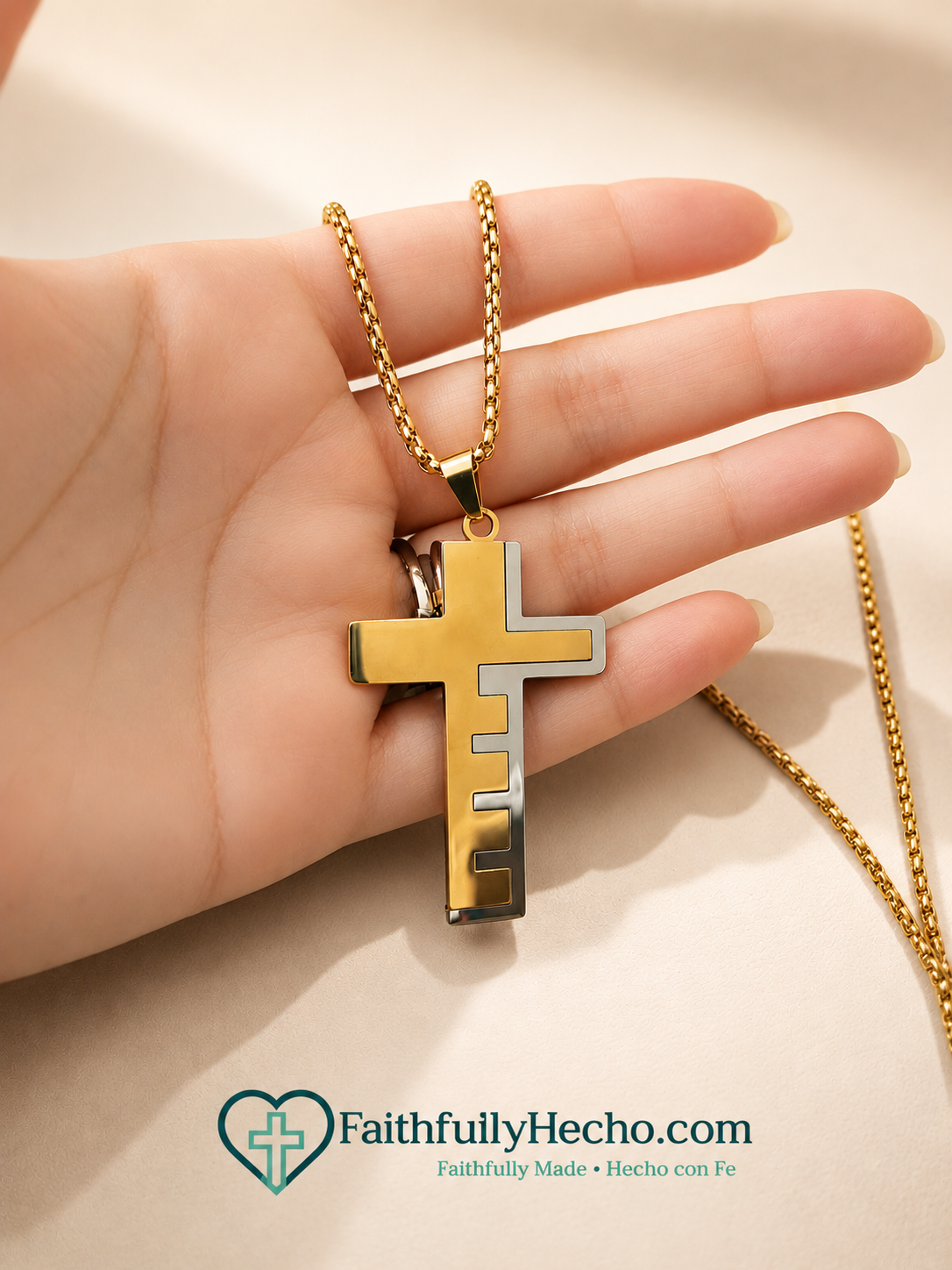 Modern Two-Tone Gold Cross Necklace – 22” Gold Chain Faith Jewelry unisex