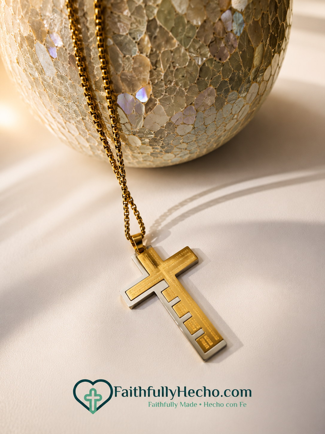 Modern Two-Tone Gold Cross Necklace – 22” Gold Chain Faith Jewelry unisex