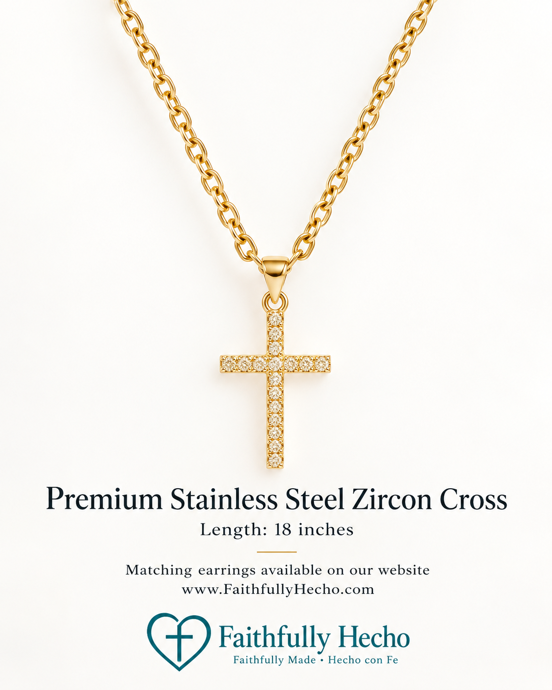 18-Inch Stainless Steel Zircon Cross Necklace – Gold Tone