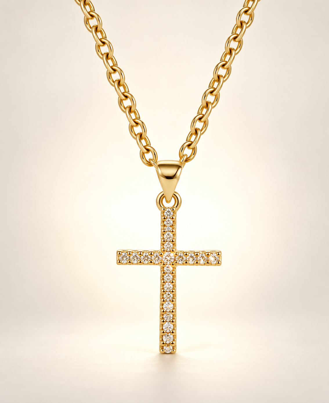 18-Inch Stainless Steel Zircon Cross Necklace – Gold Tone