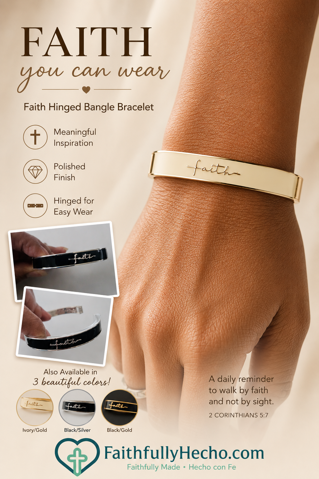Faith Enamel Hinged Bangle Bracelet – Christian Inspirational Bracelet - 3 colors available