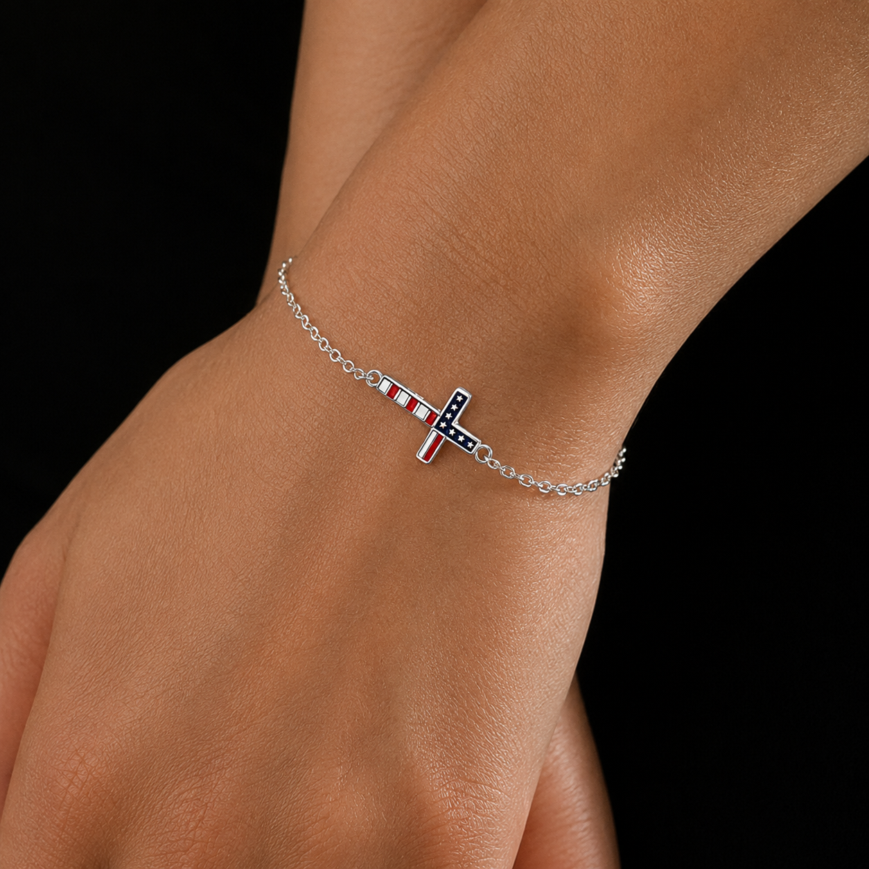 Patriotic Cross Bracelet – Red, White & Blue American Flag Cross Bracelet for Women