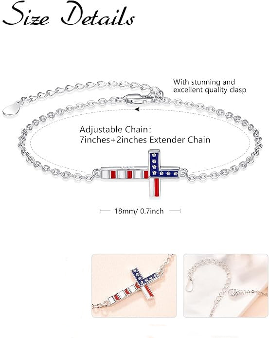 Patriotic Cross Bracelet – Red, White & Blue American Flag Cross Bracelet for Women