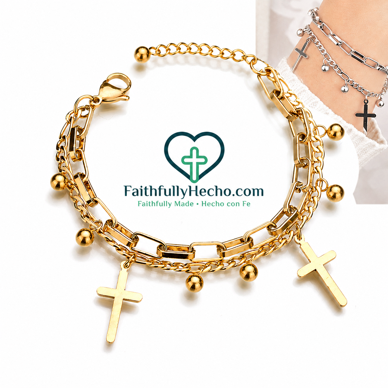 Elegant gold bracelet with cross charms In Titanium Steel With 18K Real Gold Electroplated Finish