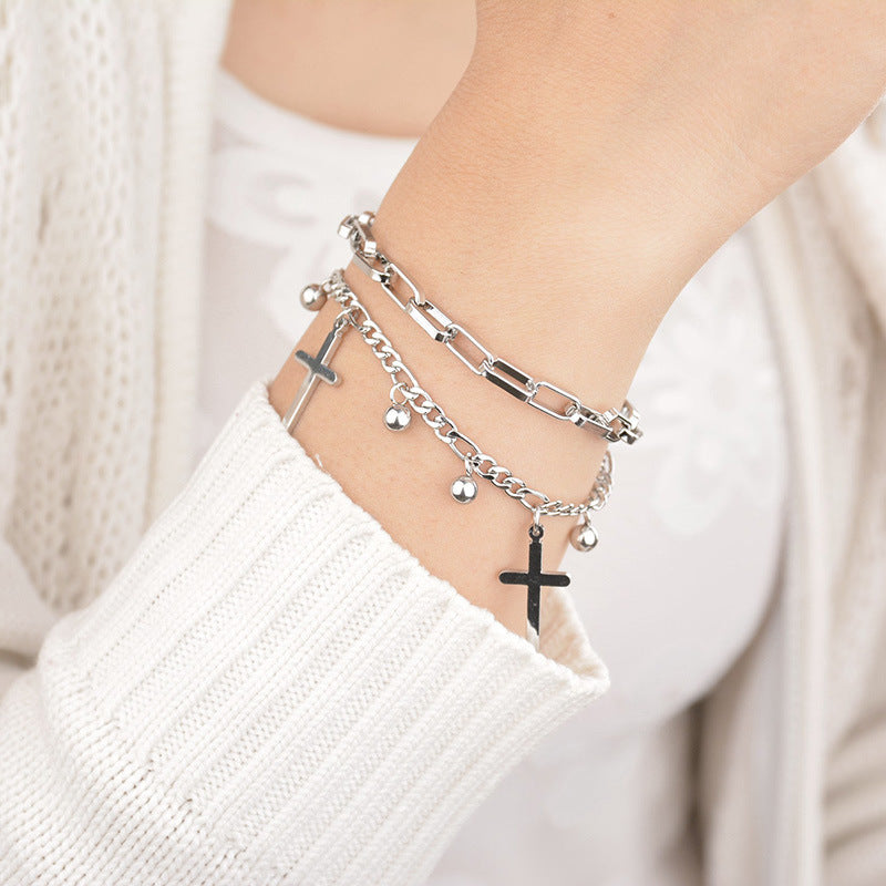 Elegant gold bracelet with cross charms In Titanium Steel With 18K Real Gold Electroplated Finish