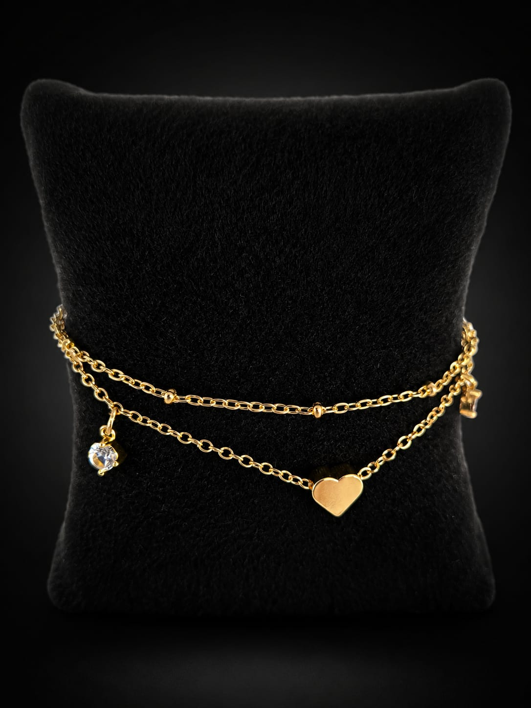 Four-Prong Zircon Heart Double-Layer Bracelet – Gold Bead Chain Adjustable Bracelet for Women