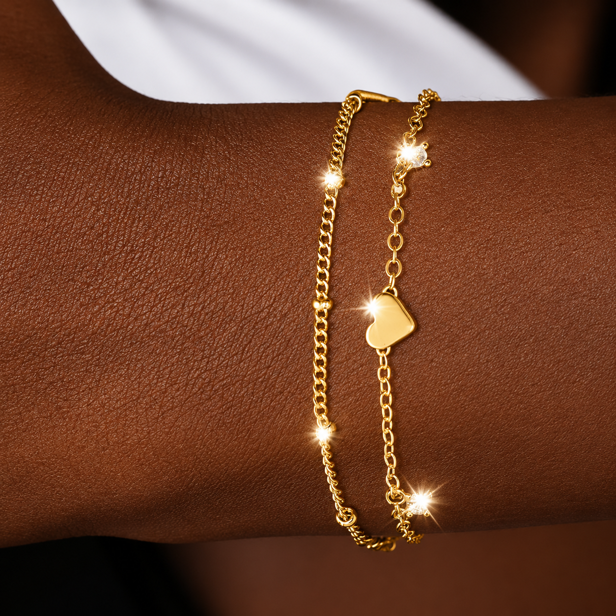 Four-Prong Zircon Heart Double-Layer Bracelet – Gold Bead Chain Adjustable Bracelet for Women