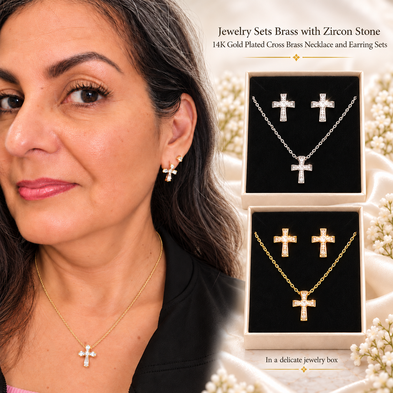 14K Gold-Plated Zircon Cross Necklace & Earring Set with Gift Box