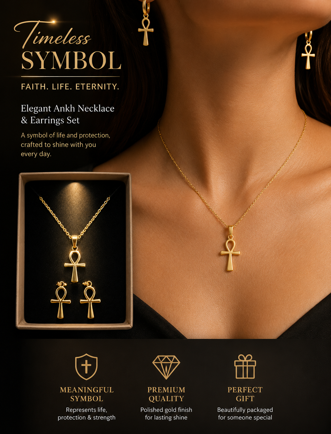 Jesus Crucifix Necklace & Earring Set – 18K Gold Plated and Stainless Steel. Two colors Silver & Gold