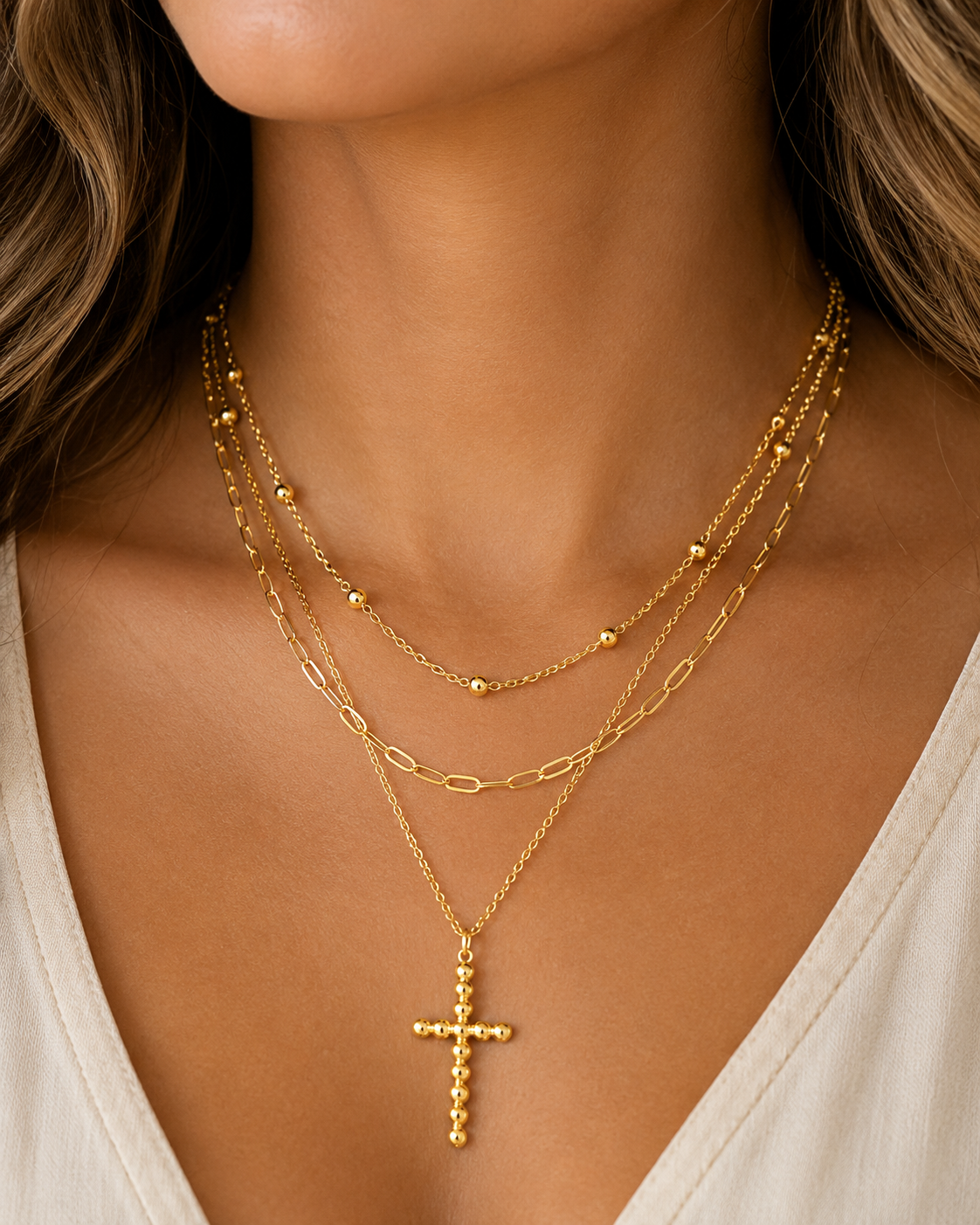 Triple Layer Cross Necklace – Beaded Cross Pendant