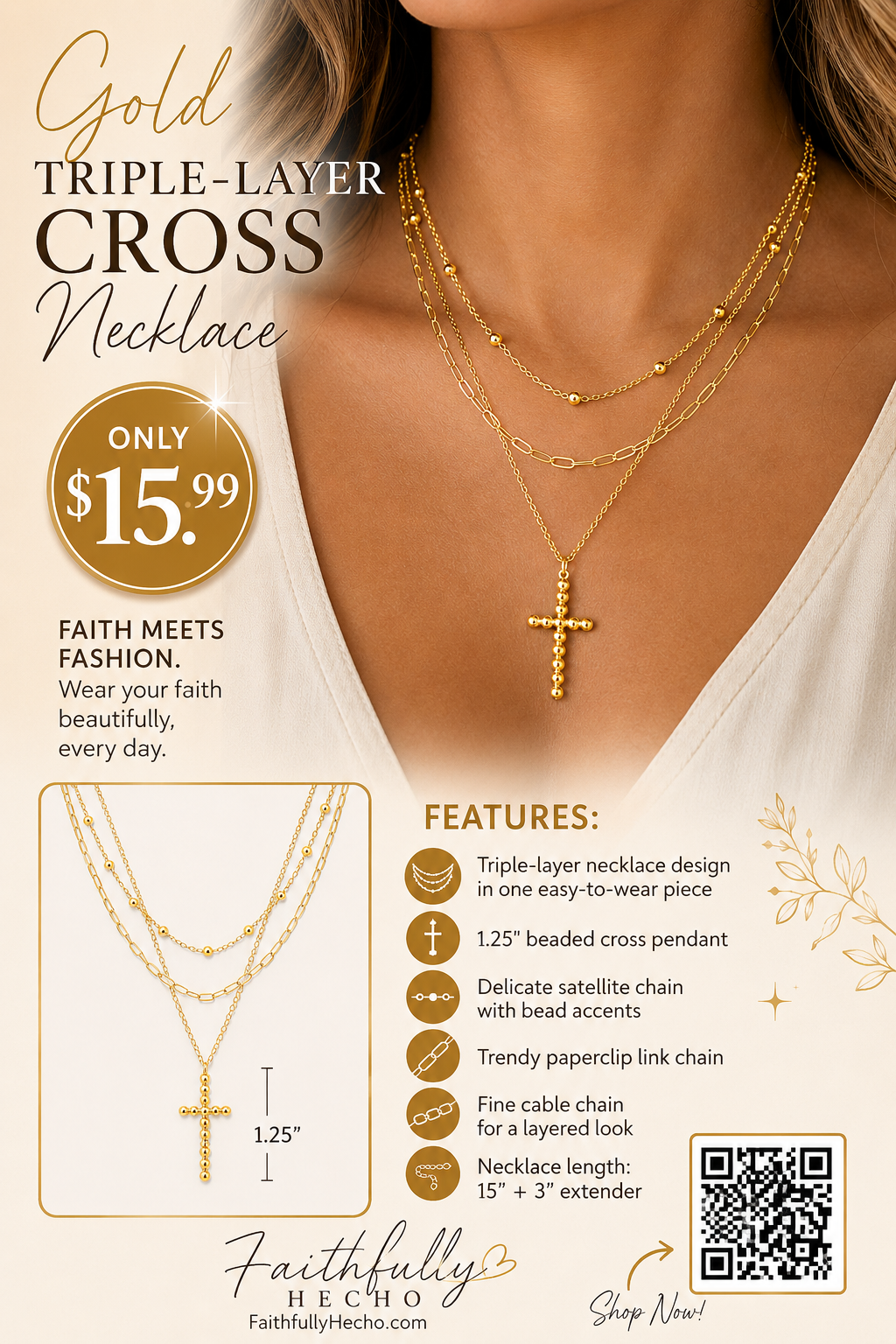Triple Layer Cross Necklace – Beaded Cross Pendant