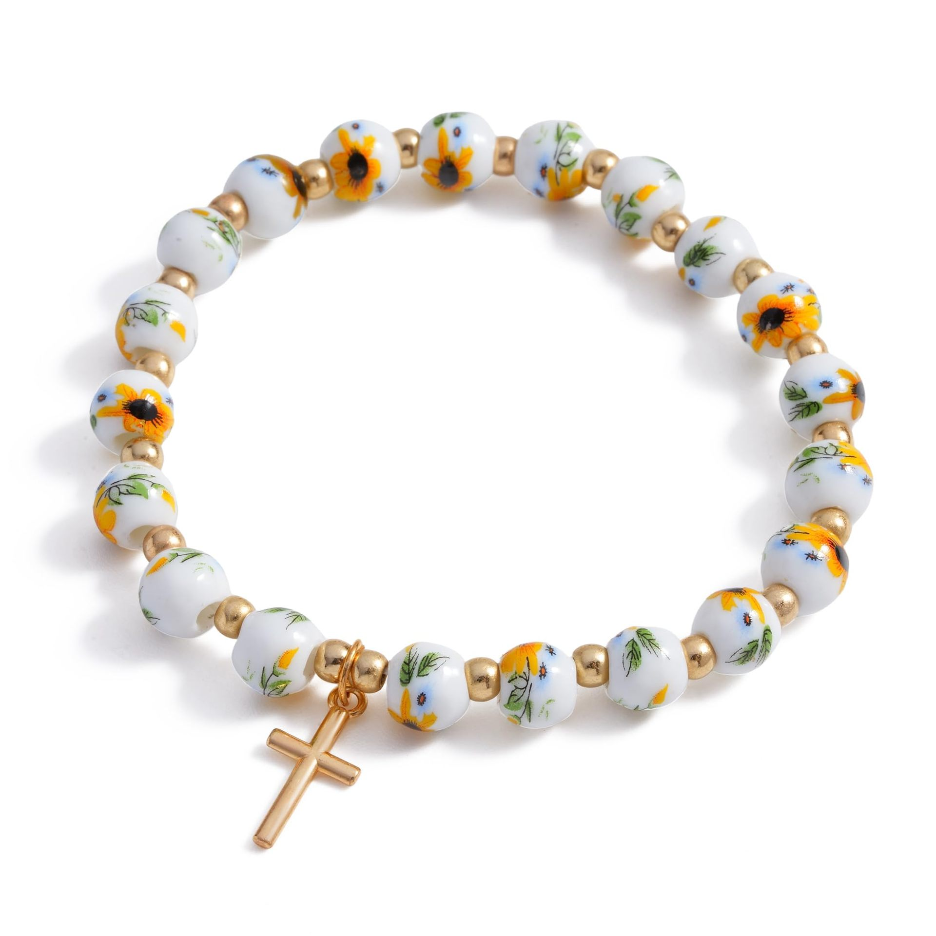 Handmade Simple Style Cross Bracelet For Unisex In Golden Color - Yellow floral