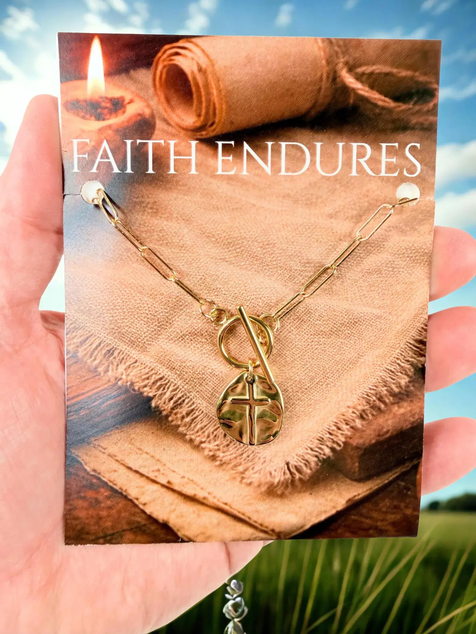 Faith Endures Cross Necklace – Gold Paperclip Chain 18"