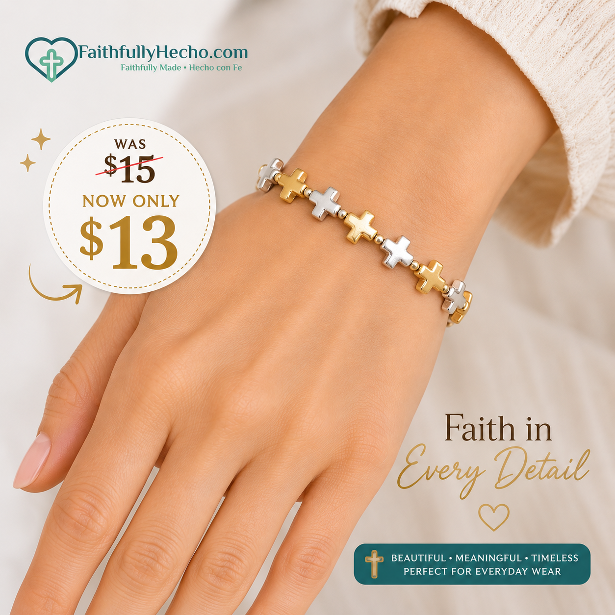 CROSS BEADED STRETCH BRACELET - Two Colors - Two tones