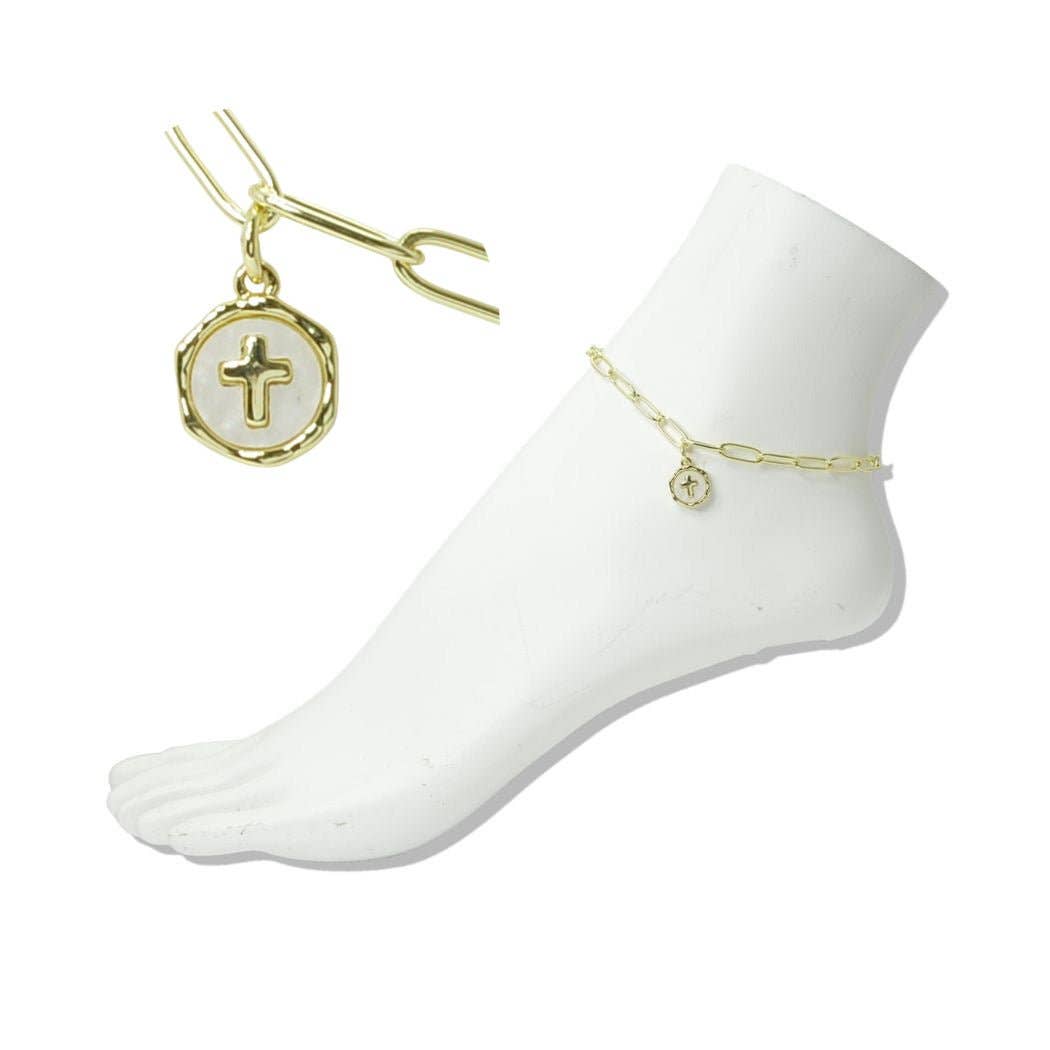 Mother of Pearl Cross Disc Anklet – Stainless Steel Christian Anklet | Gold & whiteFinishes