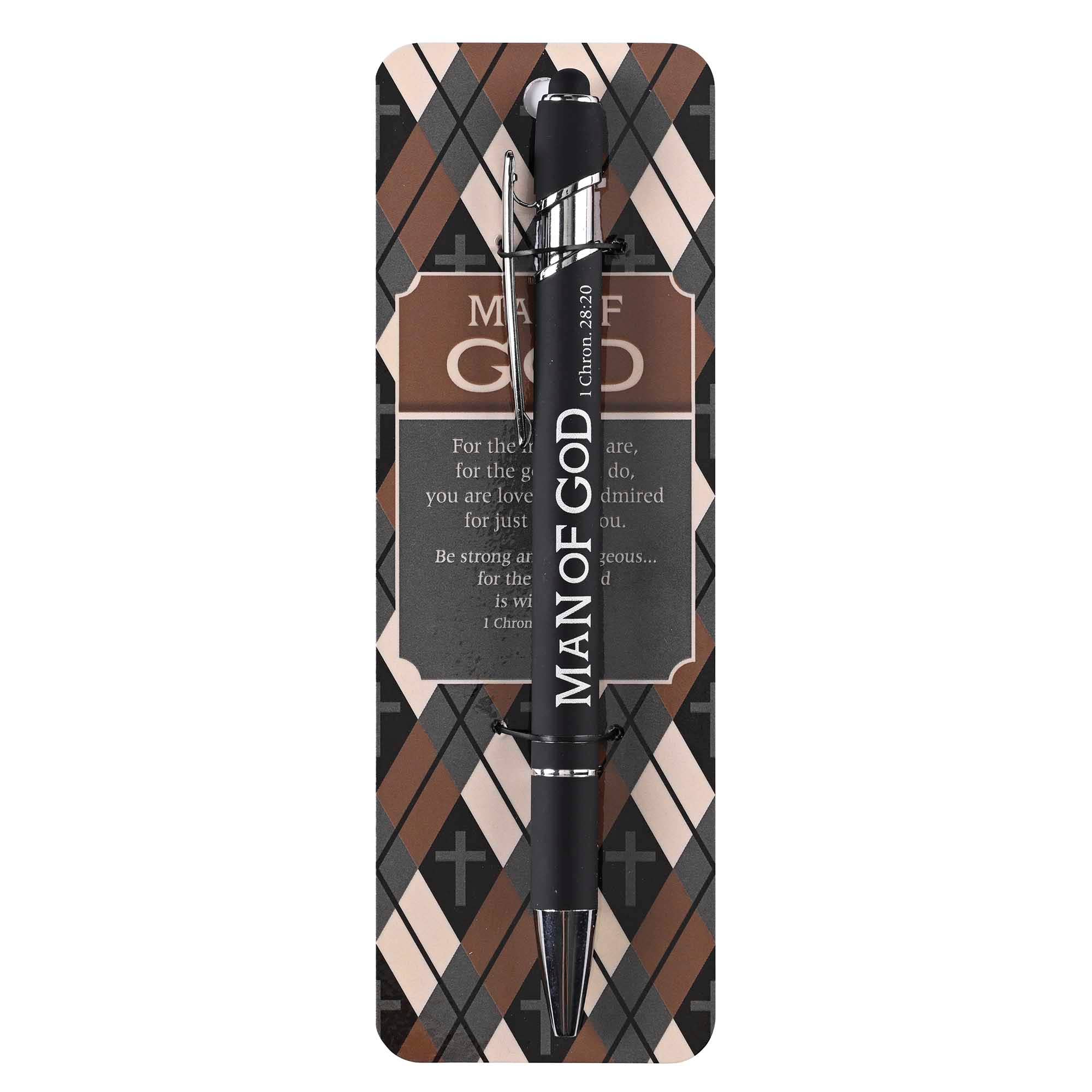 Title: Man of God Black Pen with Cross Clip & Scripture Bookmark Card - 1 Chronicles 28:20.